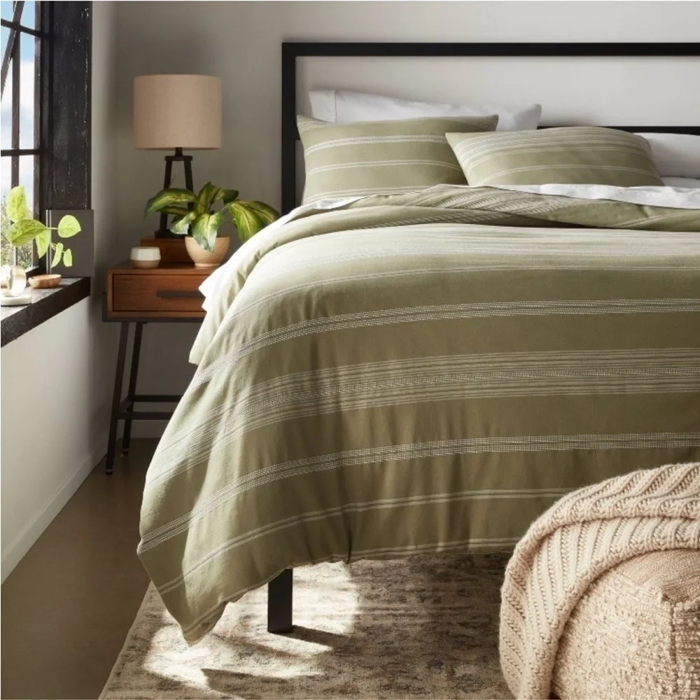 NWOT King Cotton Woven Stripe Duvet Cover & Sham Set Moss Green/White -Threshold